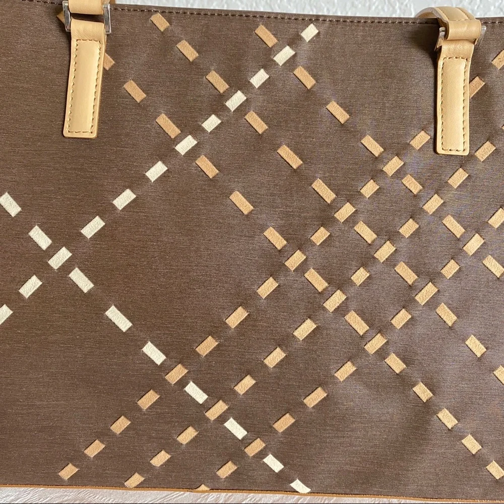 Burberry Brown Tote with Tan Strap and Plaid Cutout Detail